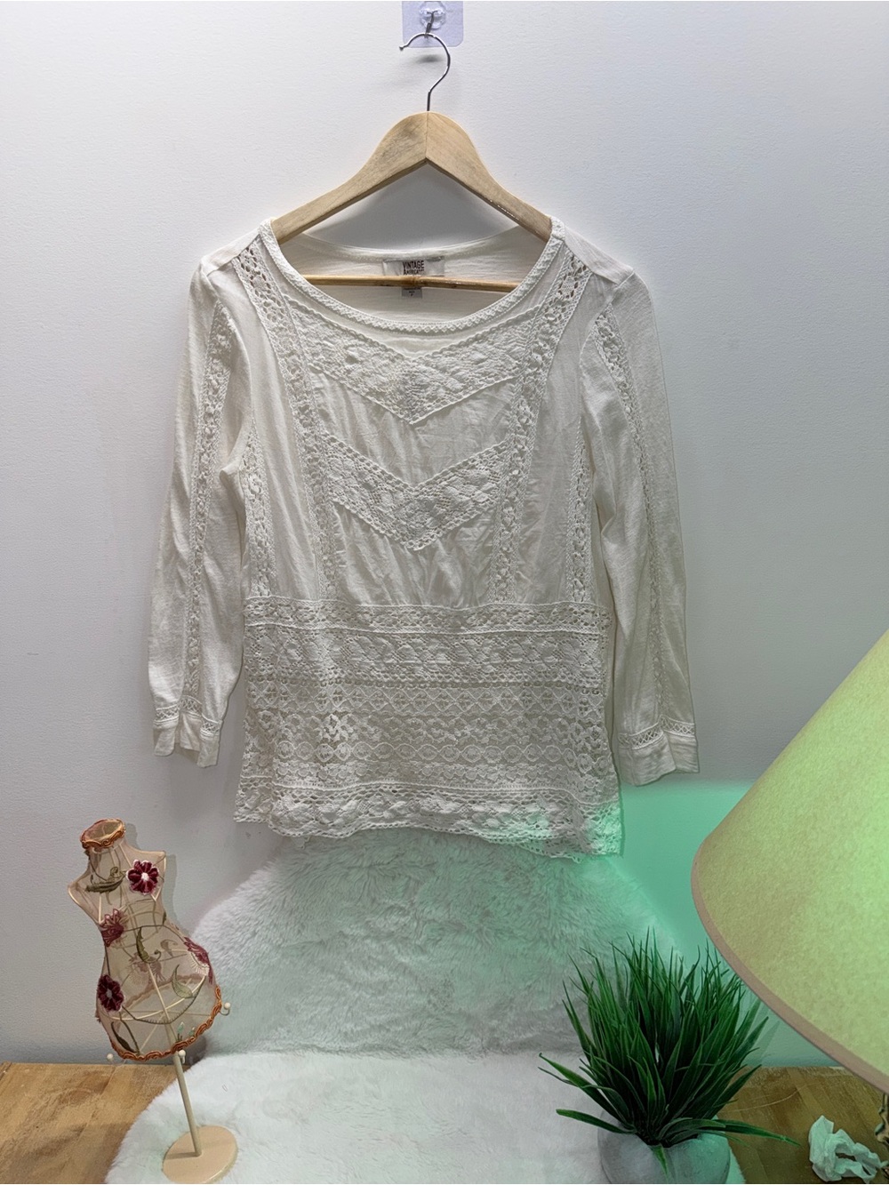 100% Cotton White Vintage America Blues Lace Panel Scoop Neck Summer Blouse 👚